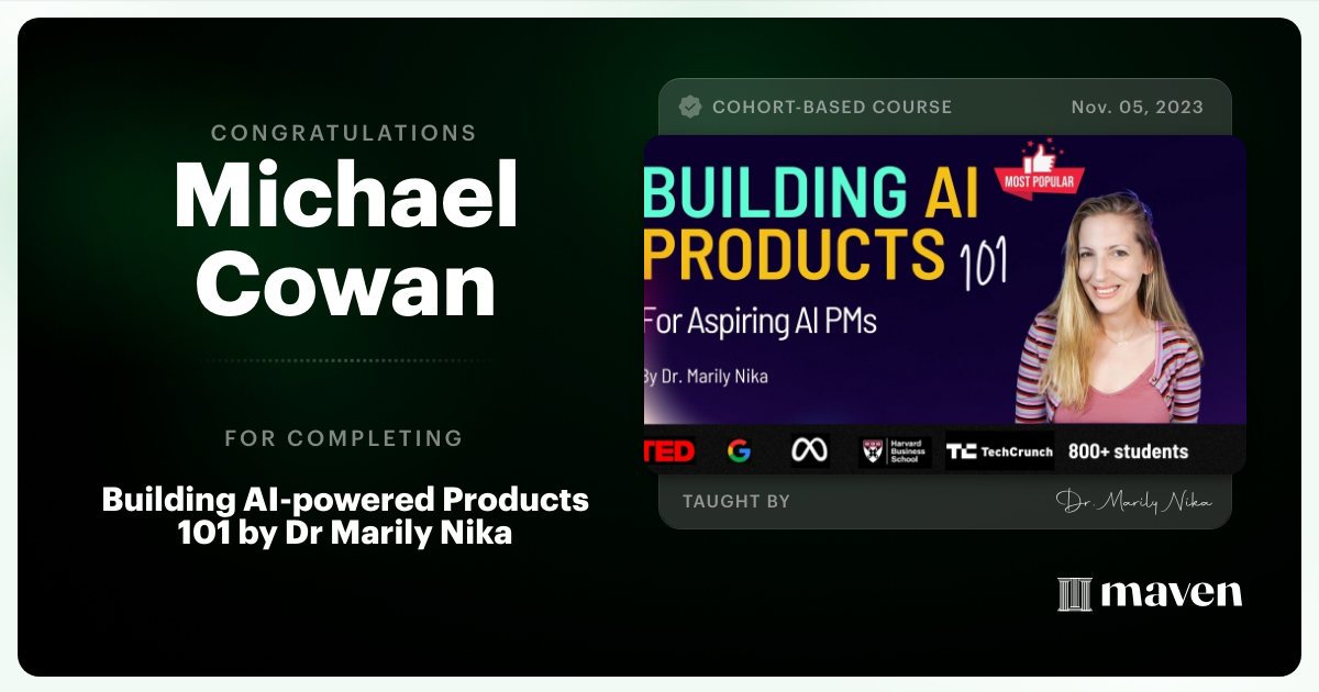Certificate of Completion for AI Product Management 101 & Certification - Building AI Products end-to-end