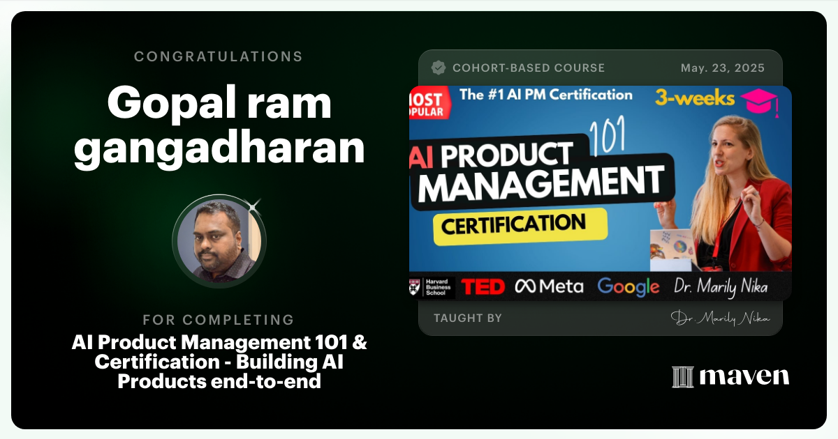 Certificate of Completion for AI Product Management 101 & Certification - Building AI Products end-to-end