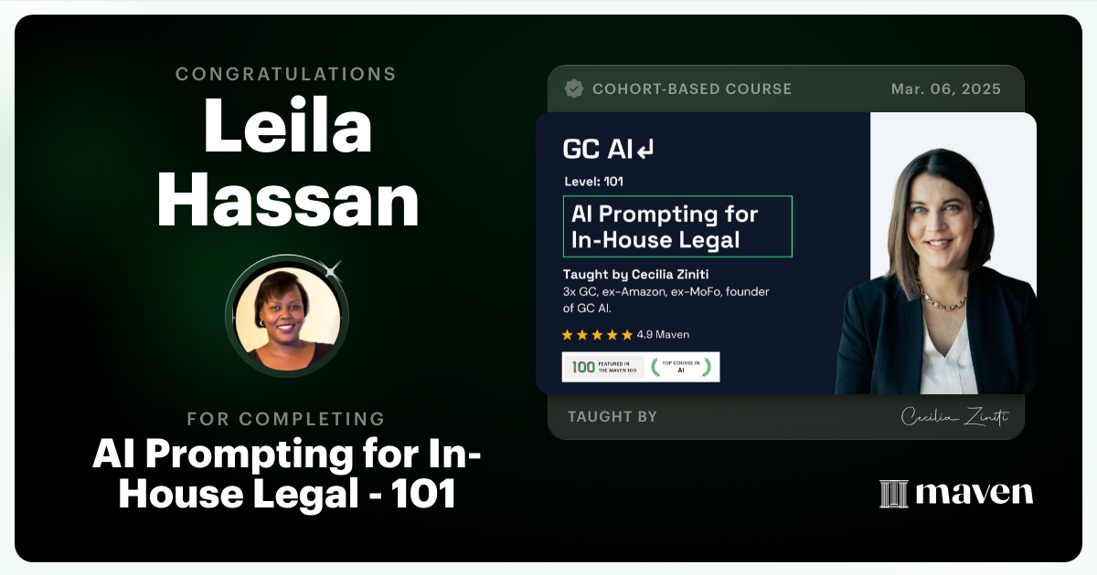 Certificate of Completion for AI Prompting for In-House Legal - 101