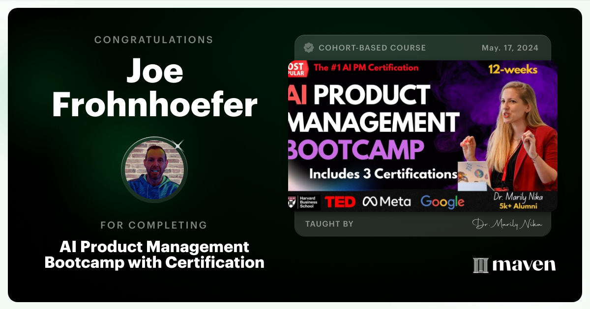 Certificate of Completion for AI Product Management Bootcamp & Certification by AI Product Academy