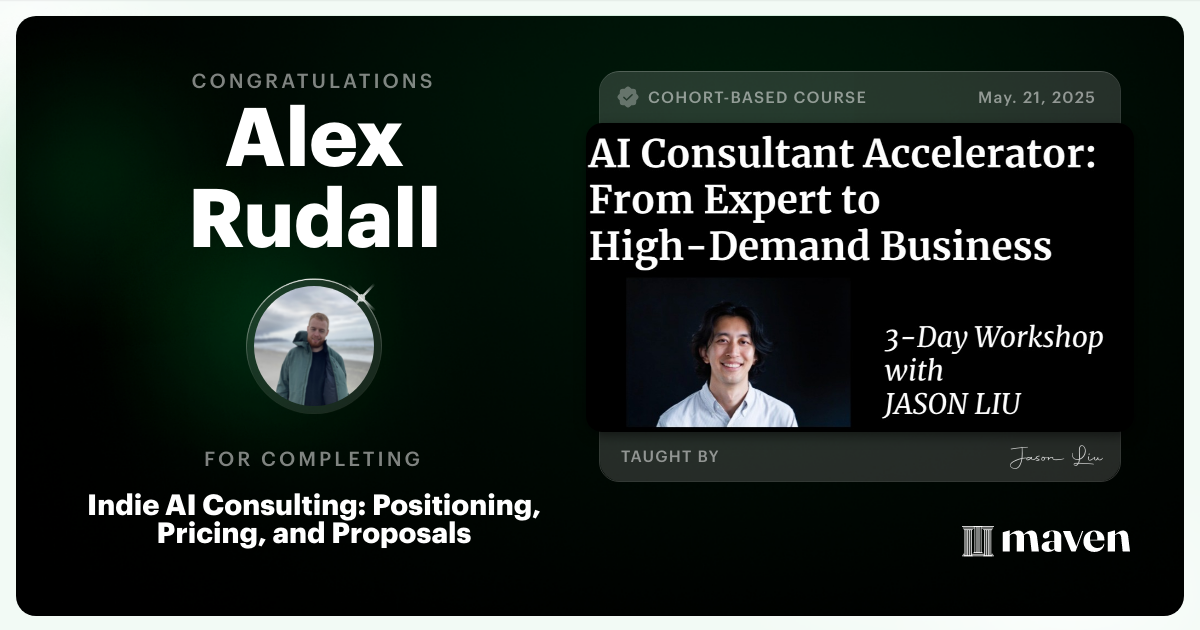 Certificate of Completion for Indie AI Consulting: Positioning, Pricing, and Proposals