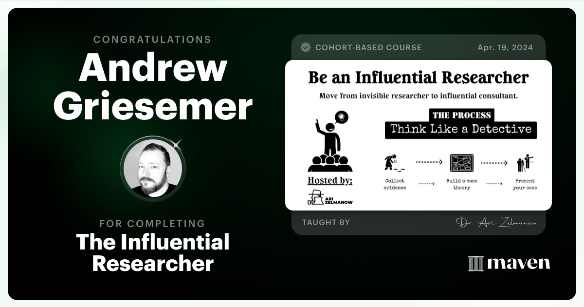 Certificate of Completion for Influential Research: How to Influence Product Decisions with Research