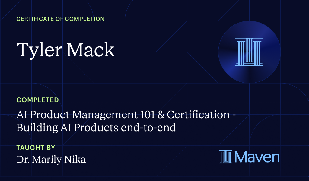 Certificate for AI Product Management 101 & Certification - Building AI Products end-to-end