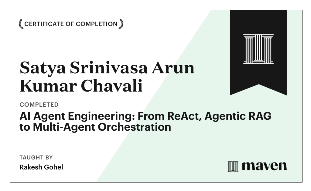 Certificate for AI Agent Engineering: From ReAct, Agentic RAG to Multi-Agent Orchestration