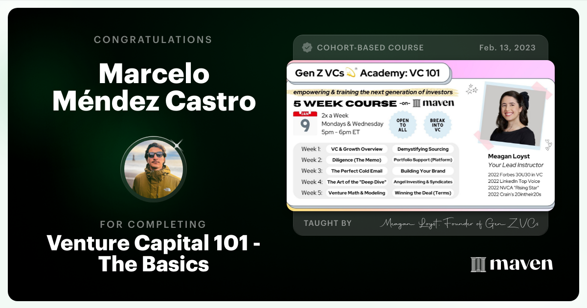 Certificate of Completion for Venture Capital 101 - The Basics