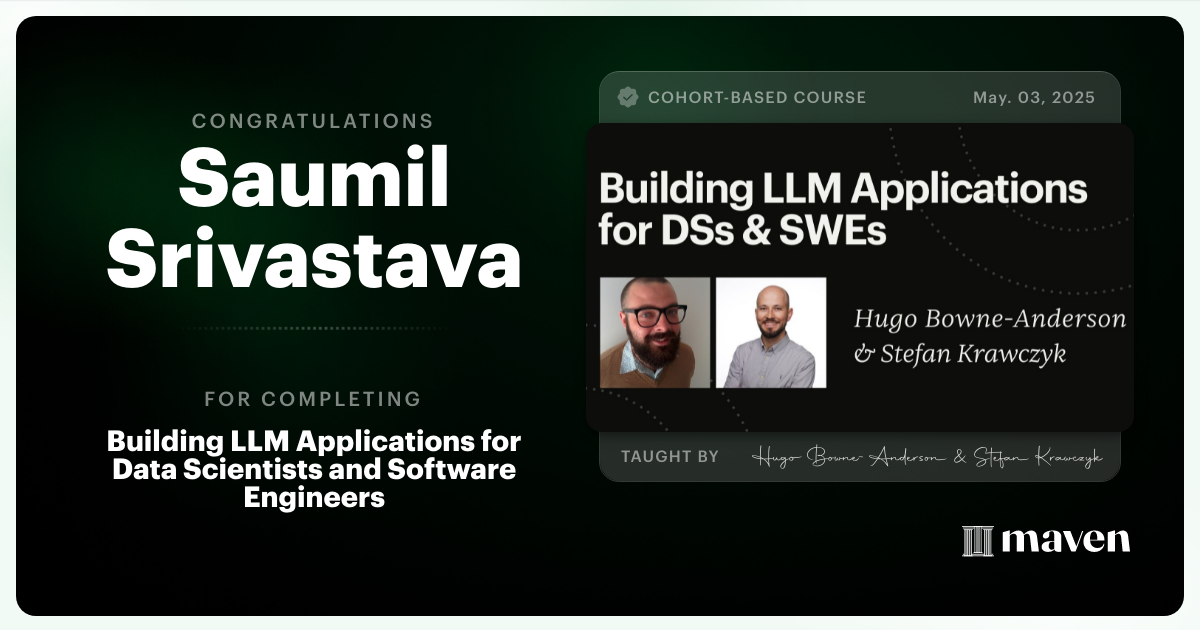 Certificate of Completion for Building AI Applications for Data Scientists and Software Engineers