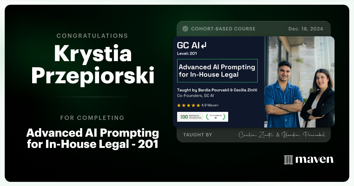 Certificate of Completion for Advanced AI Prompting for In-House Legal - 201