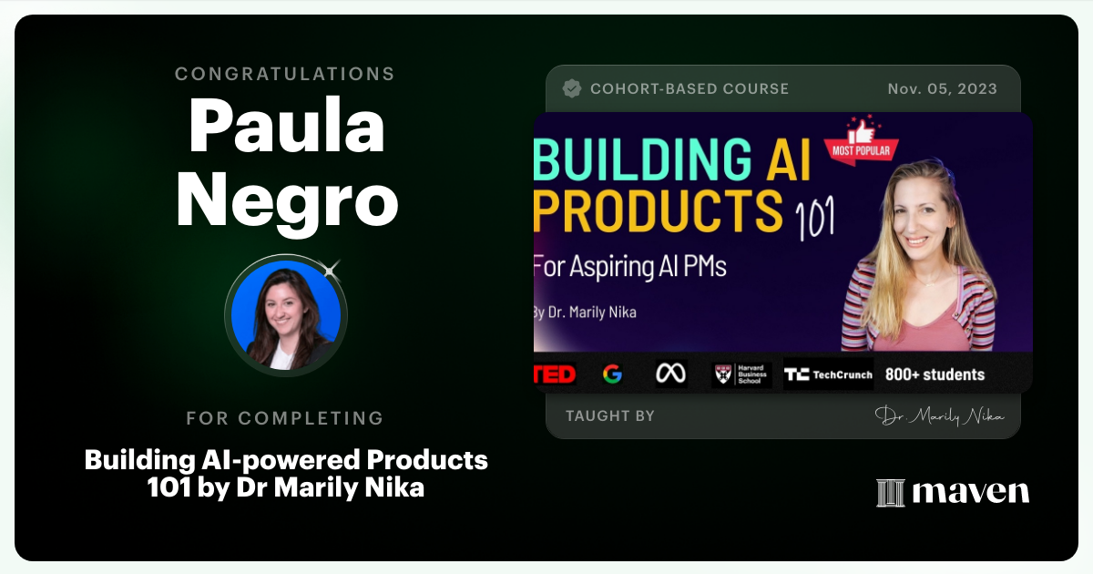 Certificate of Completion for AI Product Management 101 & Certification - Building AI Products end-to-end