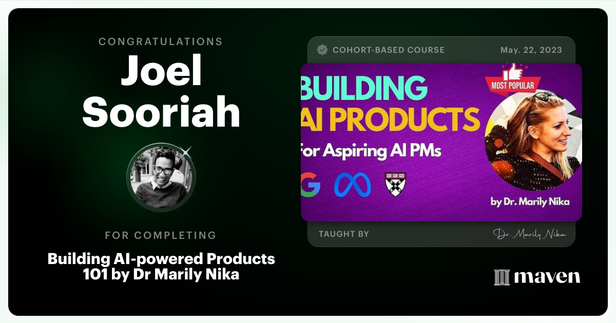 Certificate of Completion for AI Product Management 101 & Certification - Building AI Products end-to-end