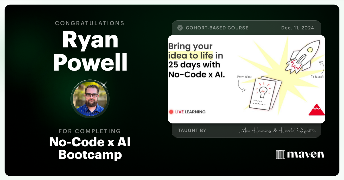 Certificate of Completion for No-Code x AI Bootcamp