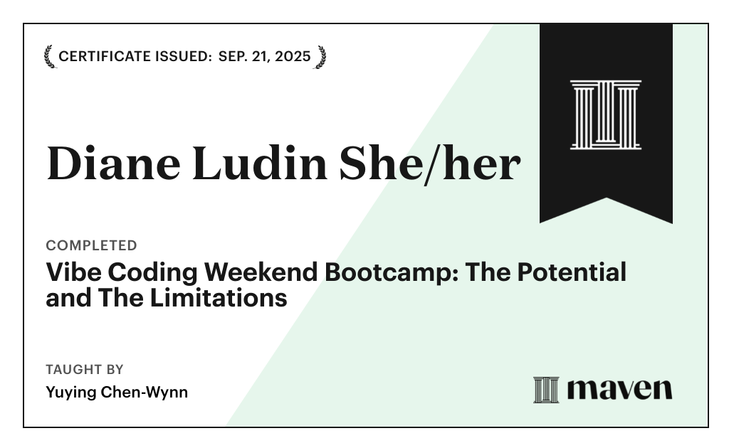 Certificate for Vibe Coding Weekend Bootcamp: The Potential and The Limitations