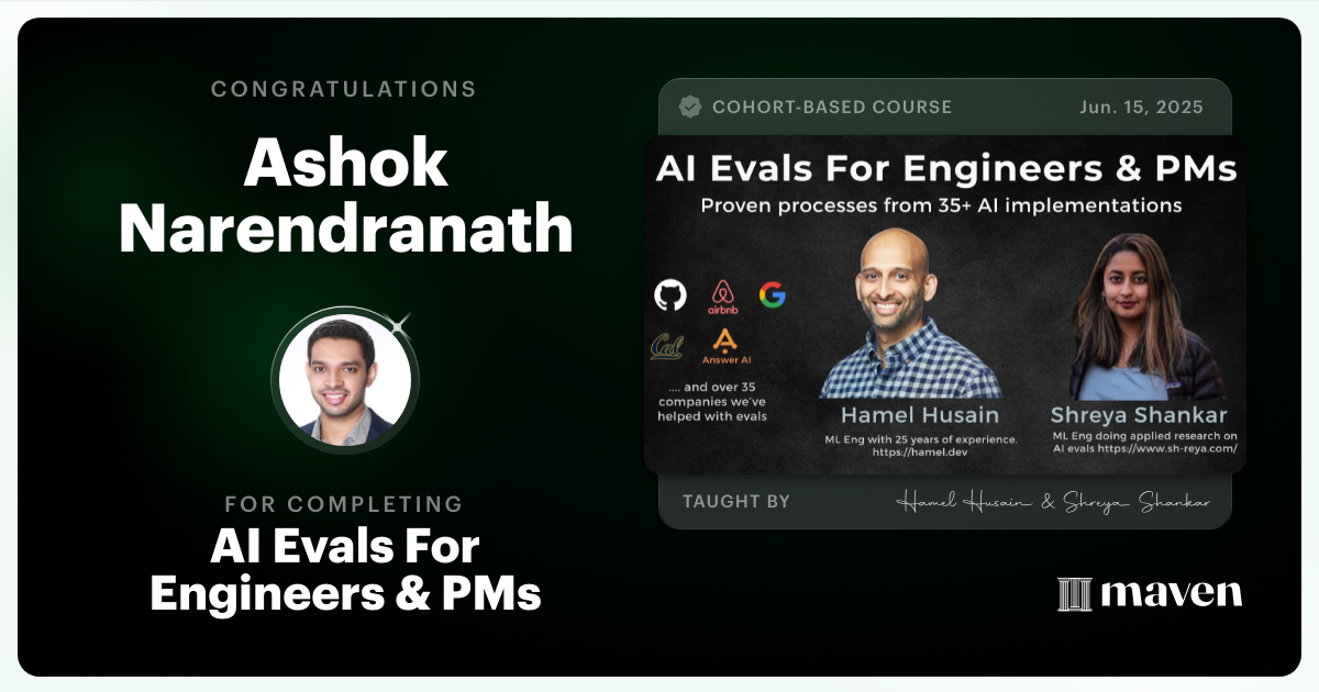 Certificate of Completion for AI Evals For Engineers & PMs