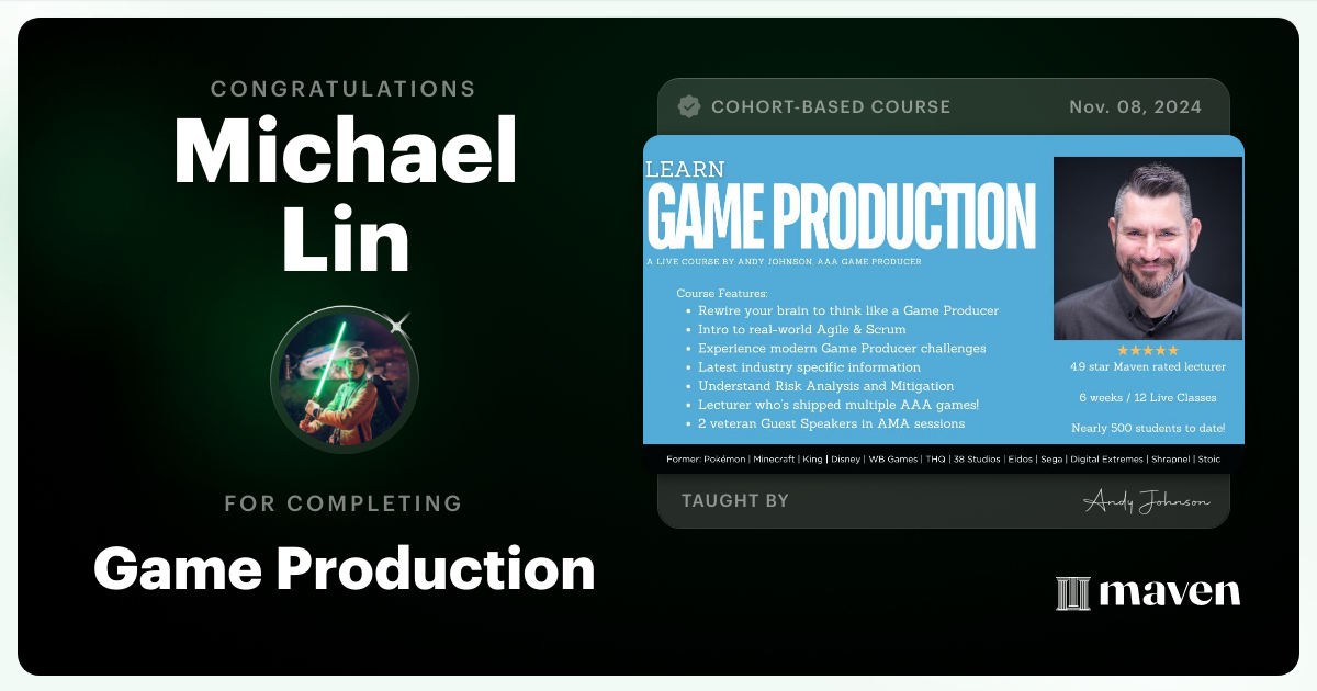 Certificate of Completion for Game Production – Think Like a Game Producer & Ship Games!