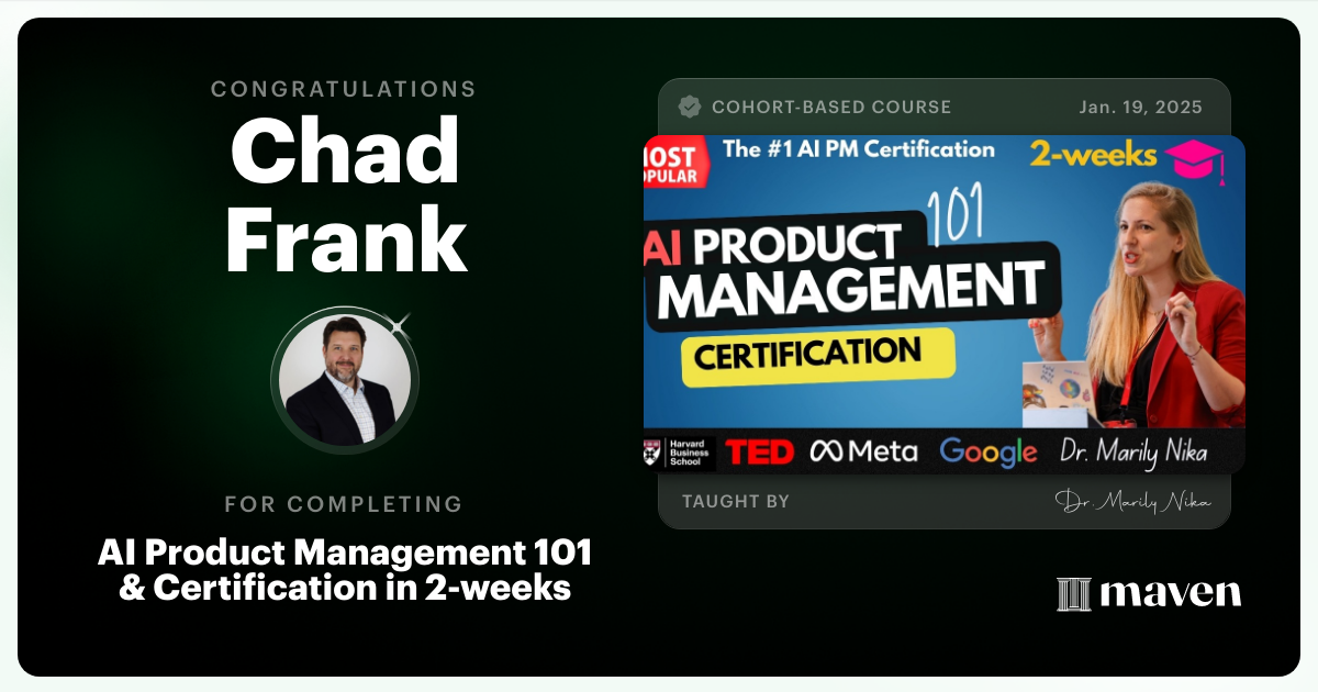 Certificate of Completion for AI Product Management 101 & Certification - Building AI Products end-to-end