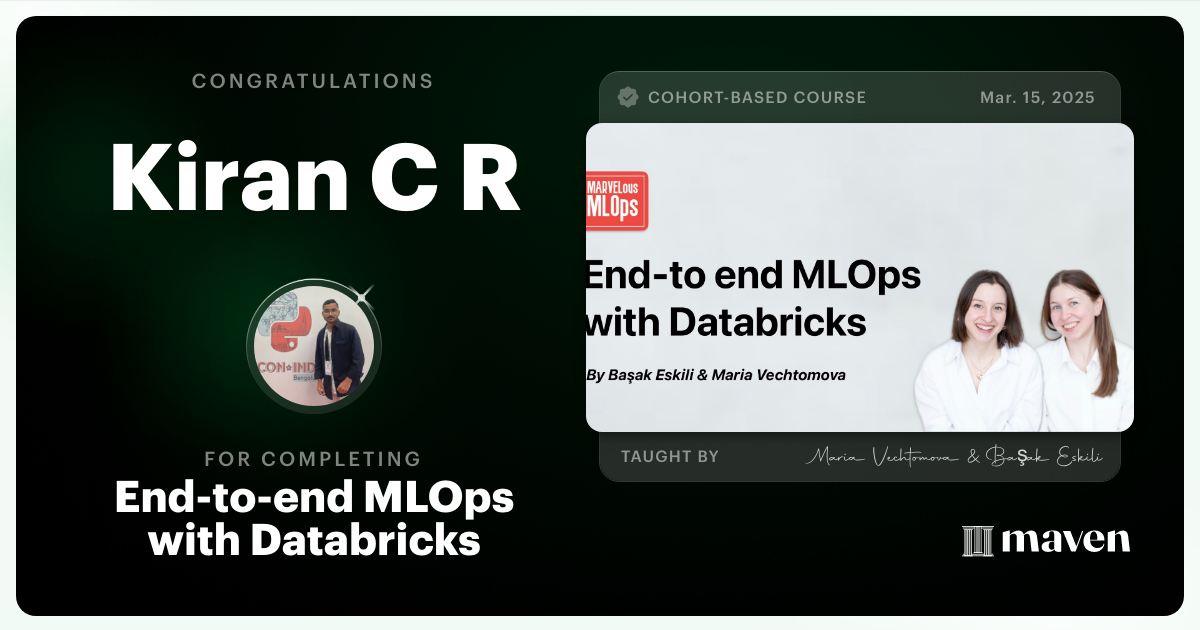Certificate of Completion for End-to-end MLOps with Databricks