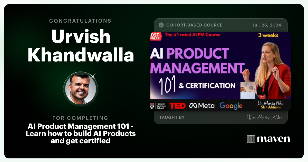 Certificate of Completion for AI Product Management 101 by AI Product Academy