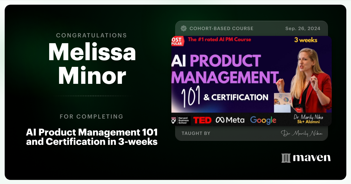 Certificate of Completion for AI Product Management 101 & Certification - Building AI Products end-to-end