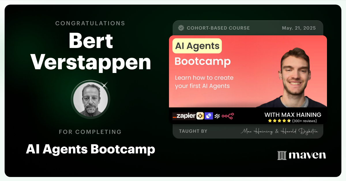 Certificate of Completion for AI Agent Builder Bootcamp