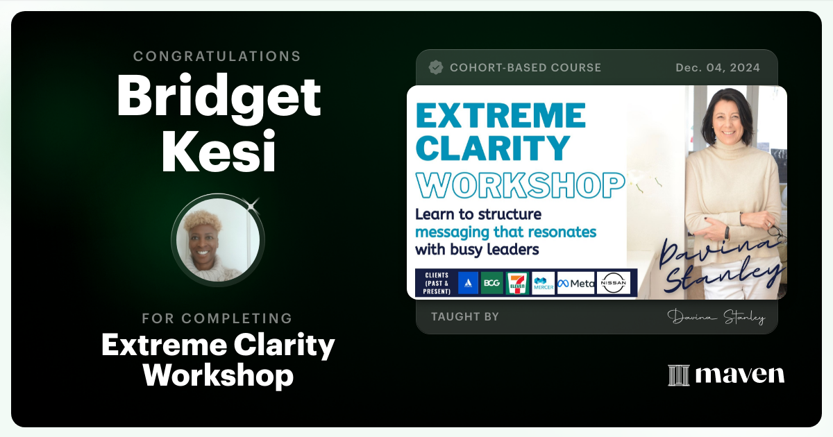 Certificate of Completion for Extreme Clarity Workshop