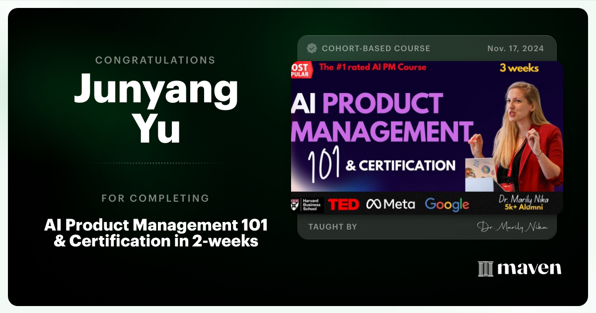Certificate of Completion for AI Product Management 101 & Certification - Building AI Products end-to-end