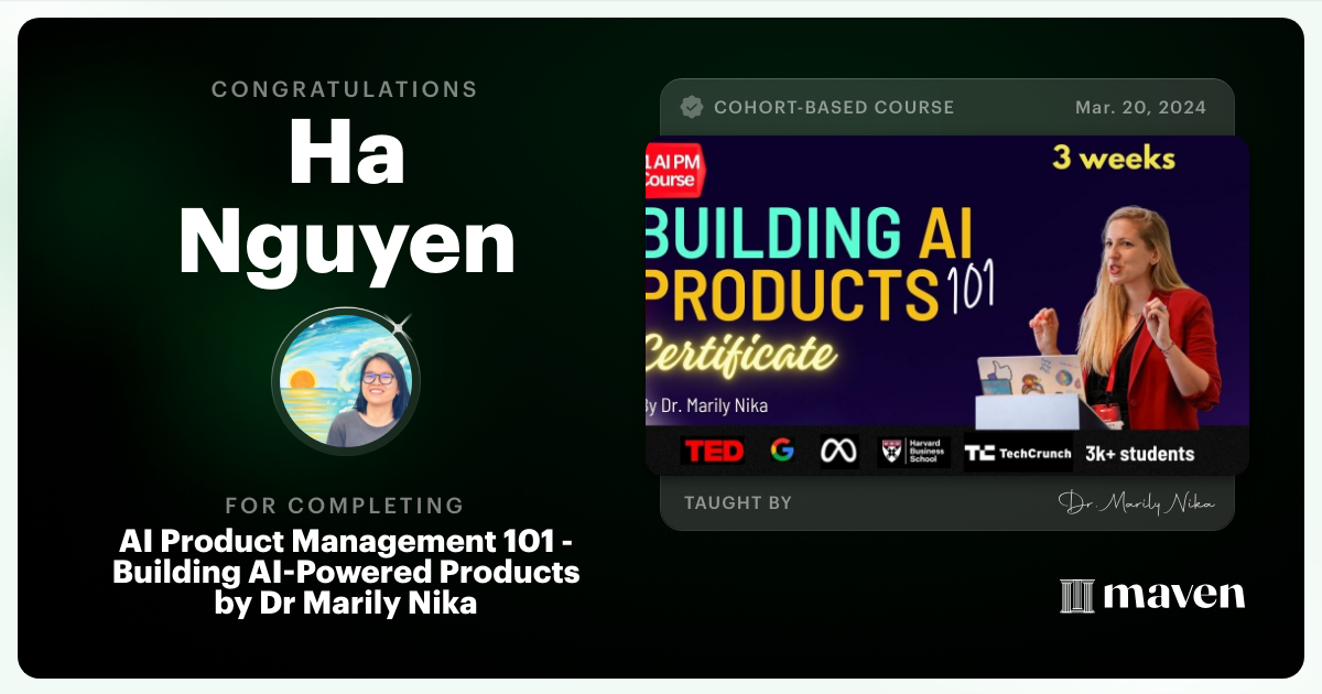 Certificate of Completion for AI Product Management 101 & Certification - Building AI Products end-to-end