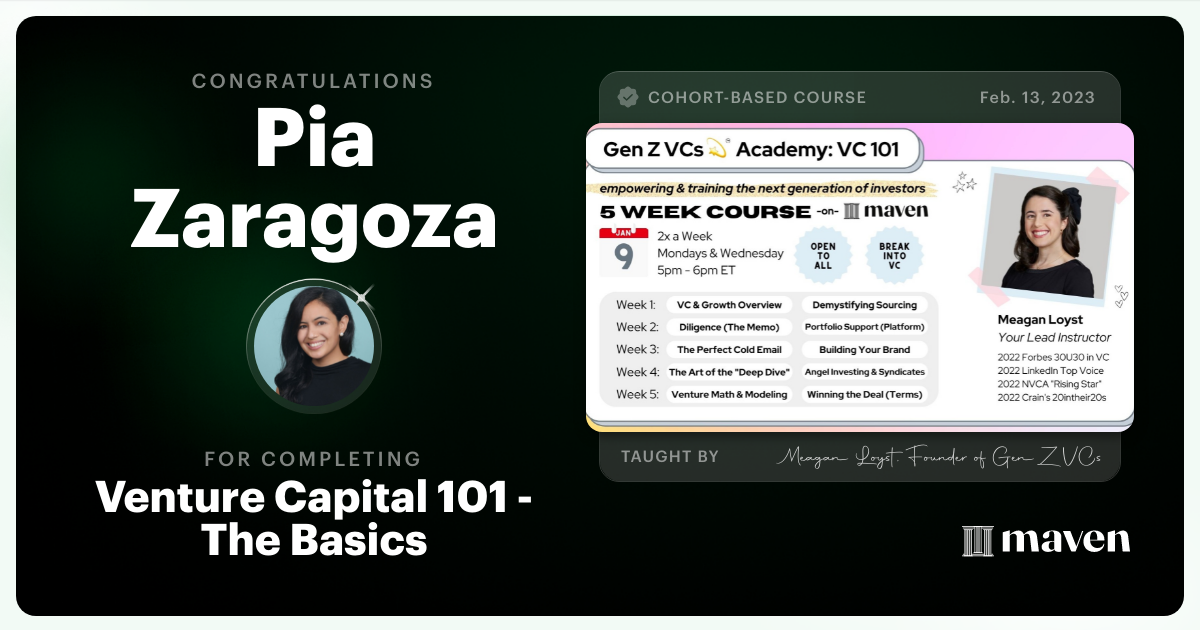 Certificate of Completion for Venture Capital 101 - The Basics