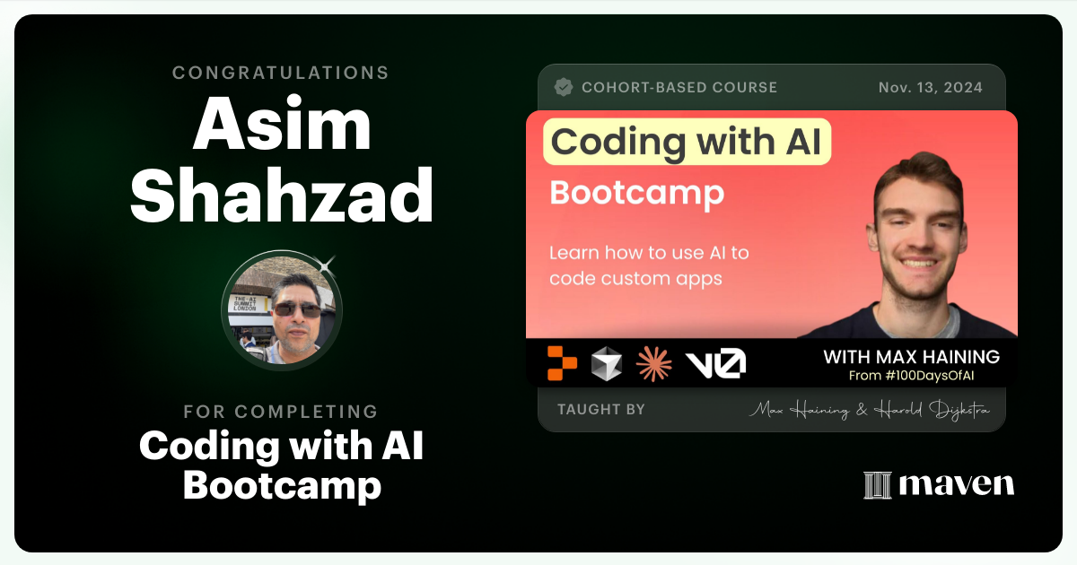 Certificate of Completion for Vibe Coding Bootcamp
