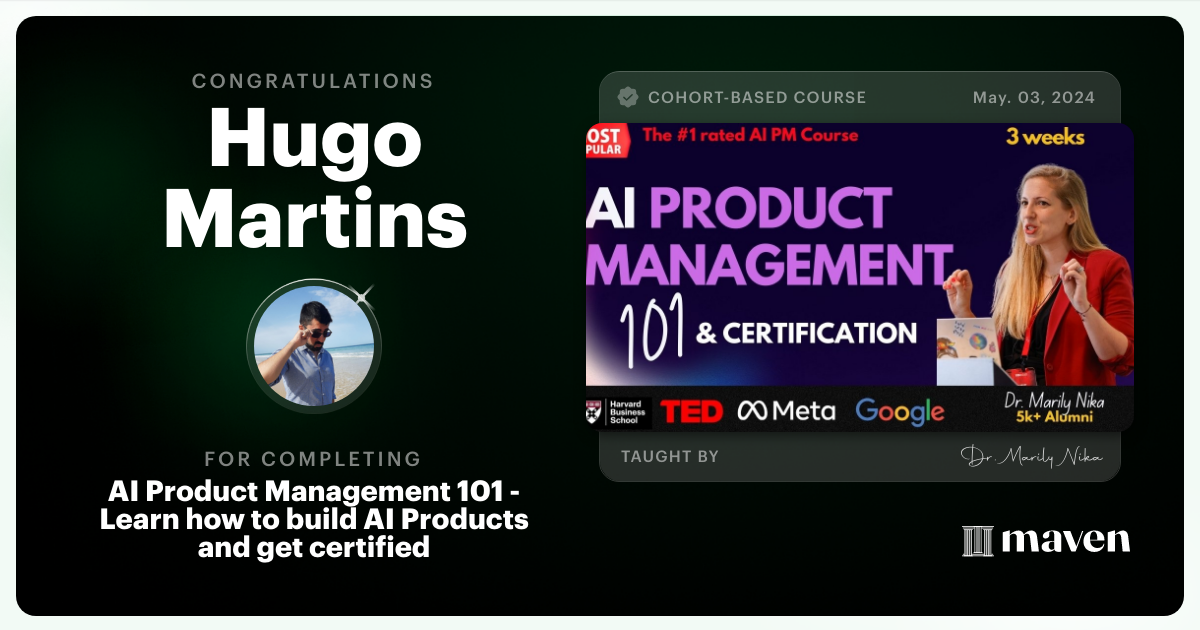 Certificate of Completion for AI Product Management 101 & Certification - Building AI Products end-to-end