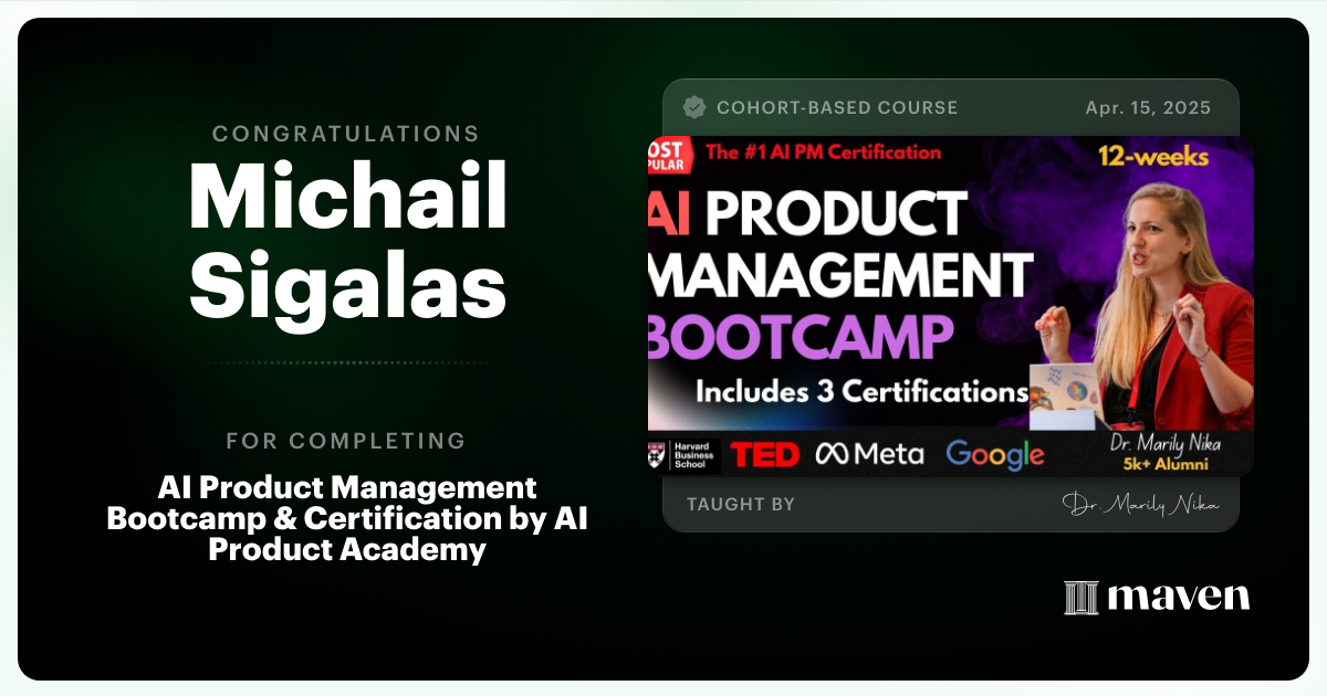 Certificate of Completion for AI Product Management Bootcamp & Certification by AI Product Academy