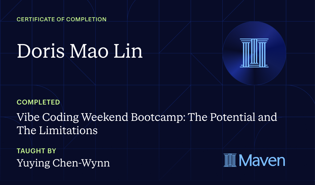 Certificate for Vibe Coding Weekend Bootcamp: The Potential and The Limitations