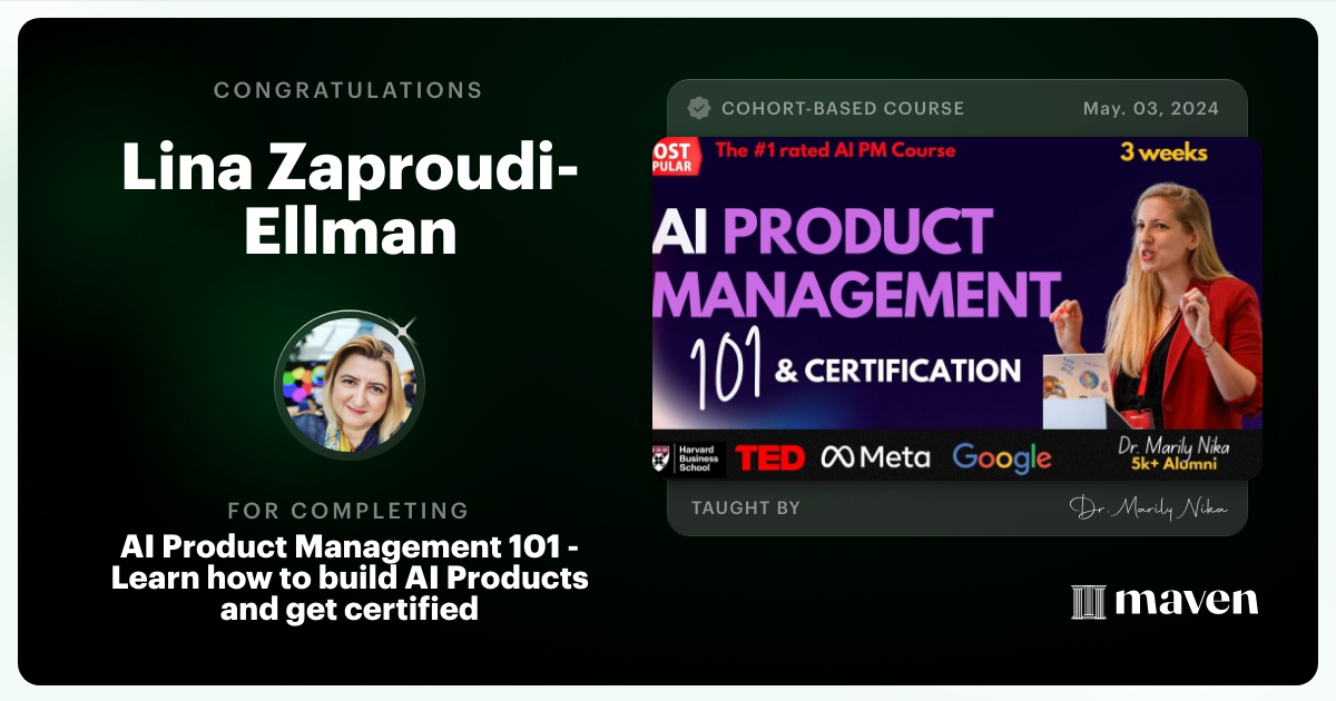 Certificate of Completion for AI Product Management 101 & Certification - Building AI Products end-to-end