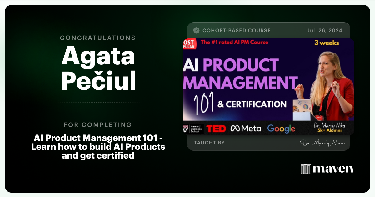 Certificate of Completion for AI Product Management 101 & Certification - Building AI Products end-to-end