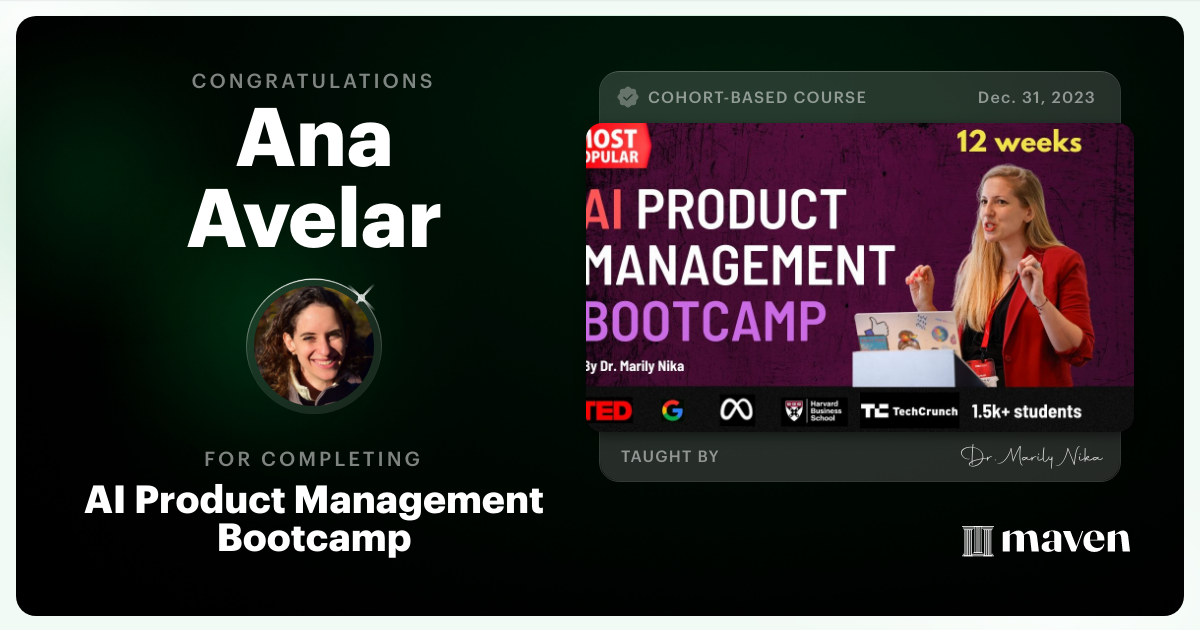 Certificate of Completion for AI Product Management Bootcamp & Certification by AI Product Academy