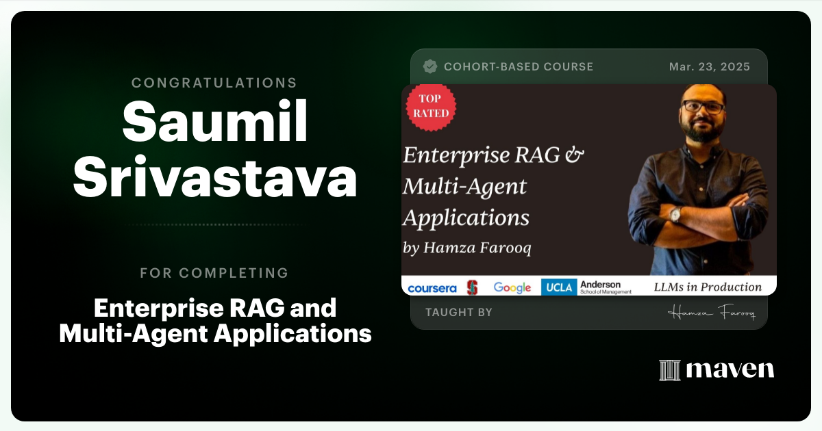 Certificate of Completion for Agent Engineering Bootcamp: Developers Edition