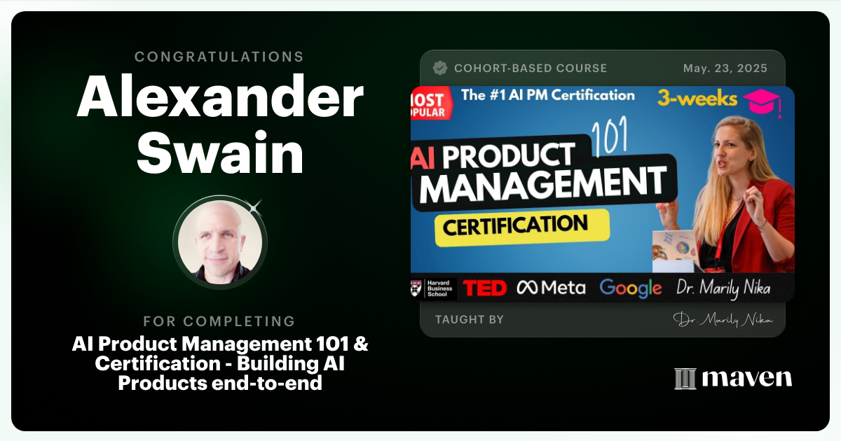 Certificate of Completion for AI Product Management 101 & Certification - Building AI Products end-to-end