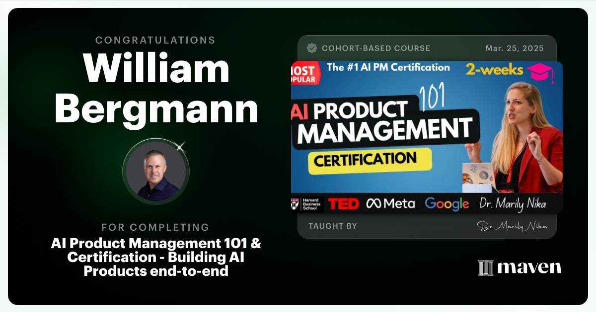 Certificate of Completion for AI Product Management 101 & Certification - Building AI Products end-to-end