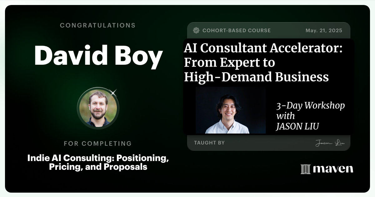 Certificate of Completion for Indie AI Consulting: Positioning, Pricing, and Proposals