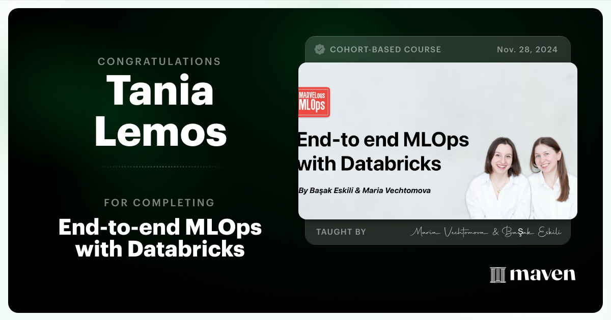 Certificate of Completion for End-to-end MLOps with Databricks