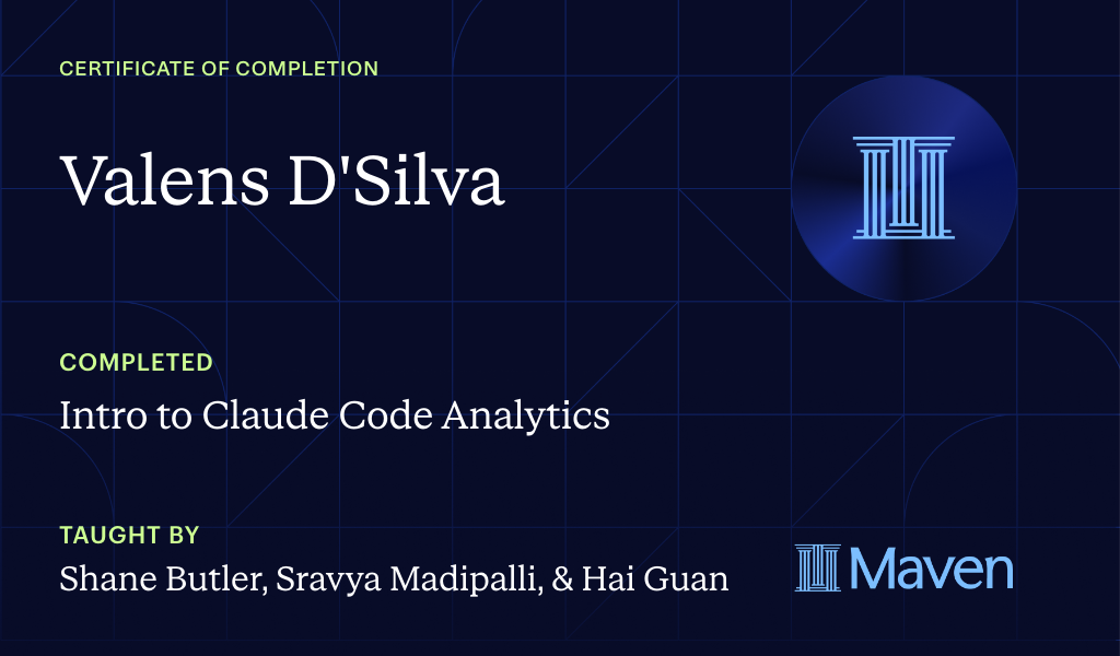 Certificate for Intro to Agentic Analytics in Claude Code