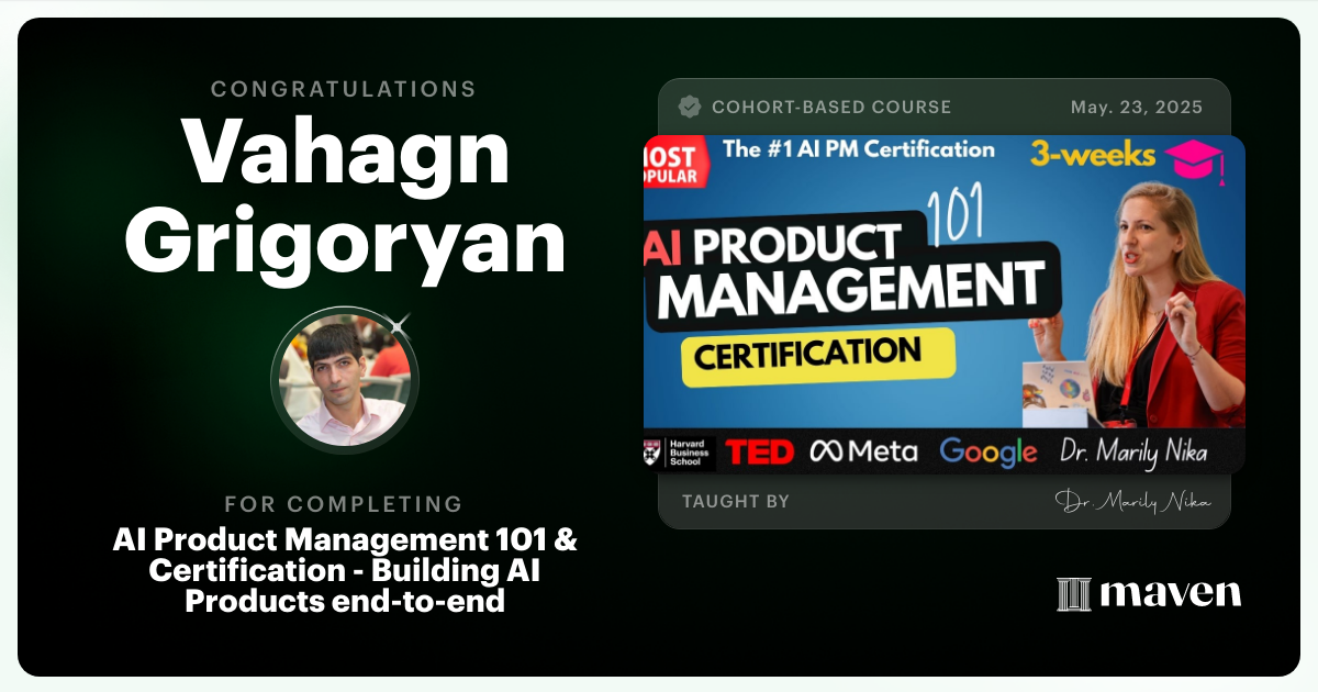 Certificate of Completion for AI-Enhanced Product Management Certification by AI Product Academy