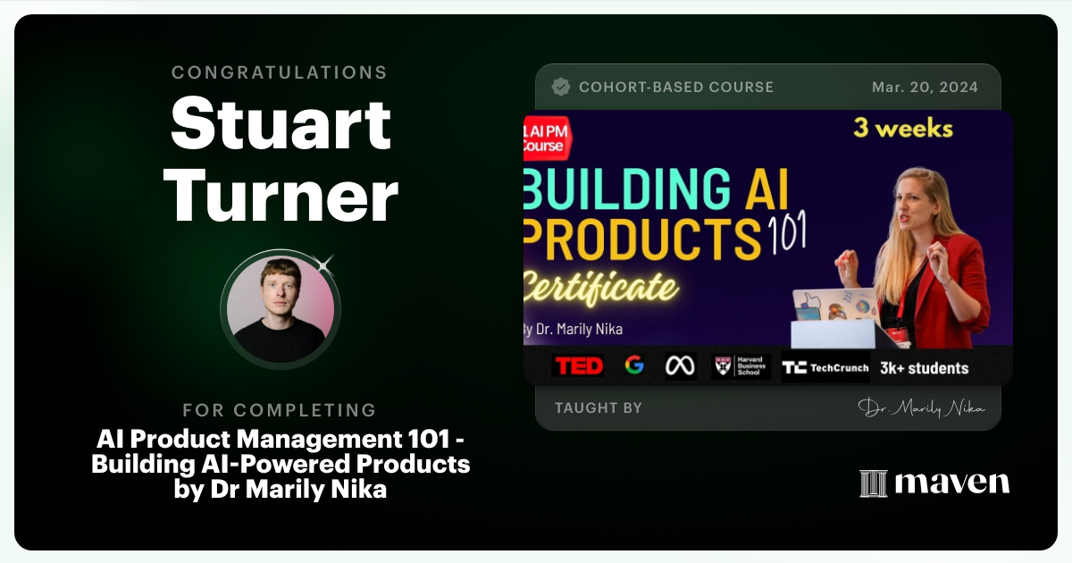 Certificate of Completion for AI Product Management 101 & Certification - Building AI Products end-to-end