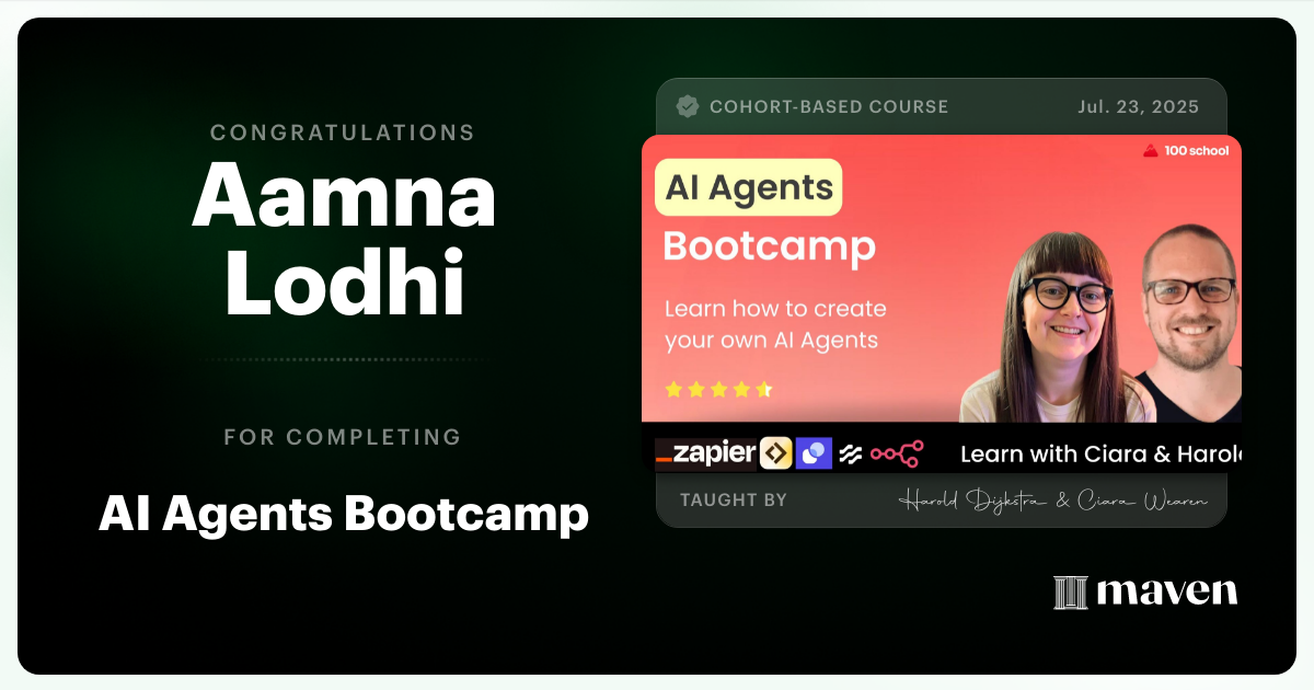 Certificate of Completion for AI Agent Builder Bootcamp