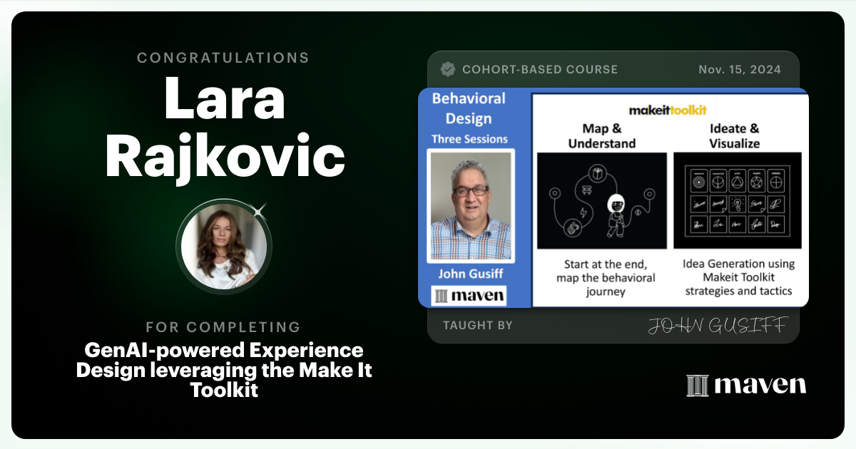 Certificate of Completion for GenAI-powered Behavioral Design Sprint using Make It Toolkit