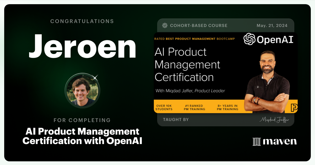 Certificate of Completion for AI Product Management Certification by Product Faculty