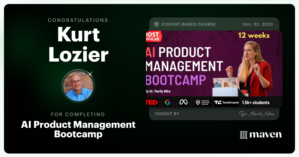 Certificate of Completion for AI Product Management Bootcamp & Certification by AI Product Academy