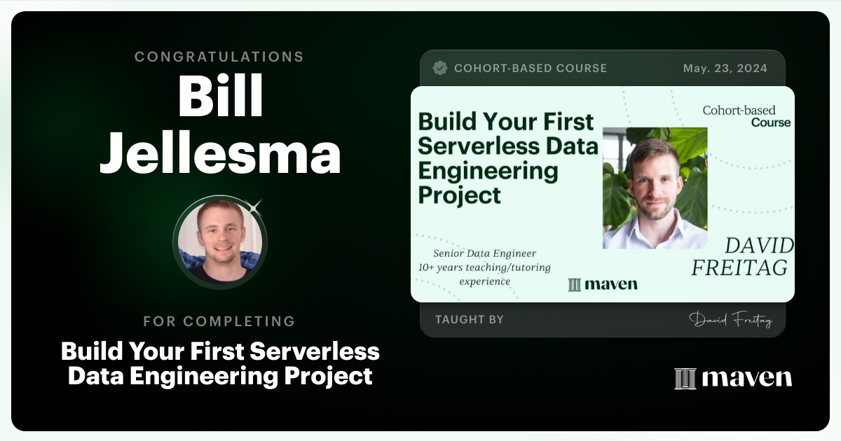 Certificate of Completion for Build Your First Serverless Data Engineering Project