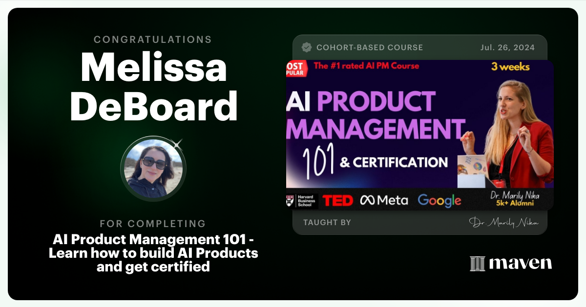 Certificate of Completion for AI Product Management 101 & Certification - Building AI Products end-to-end