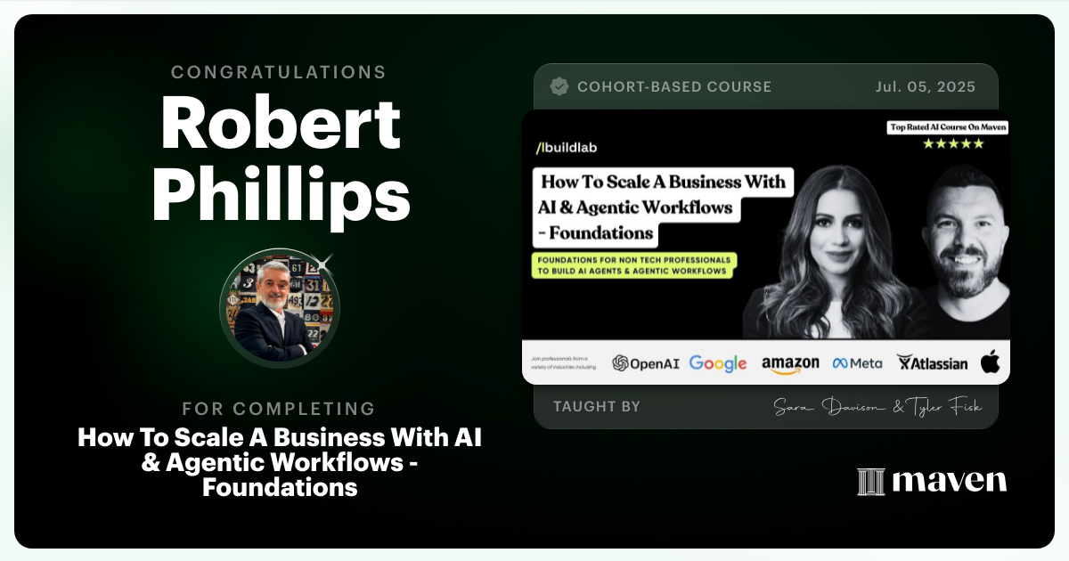 Certificate of Completion for How To Scale A Business With AI & Agentic Workflows - Foundations