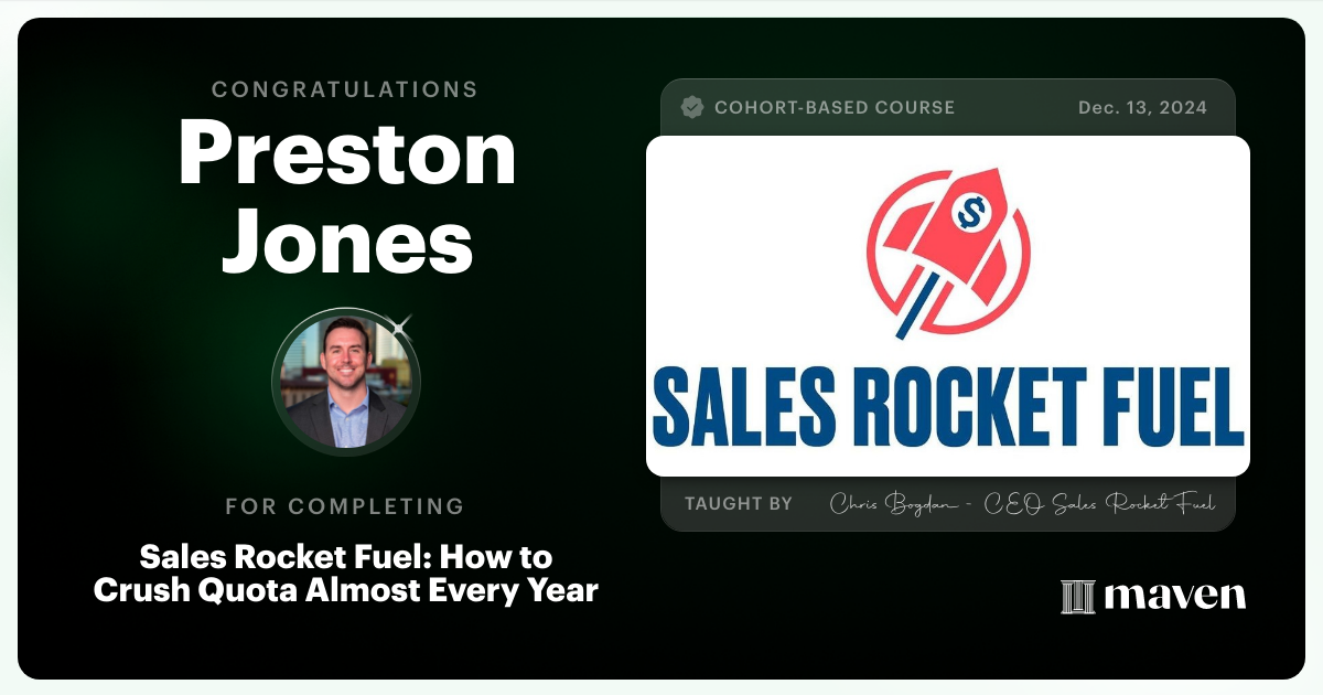 Certificate of Completion for Sales Rocket Fuel: How to Crush Quota Almost Every Year
