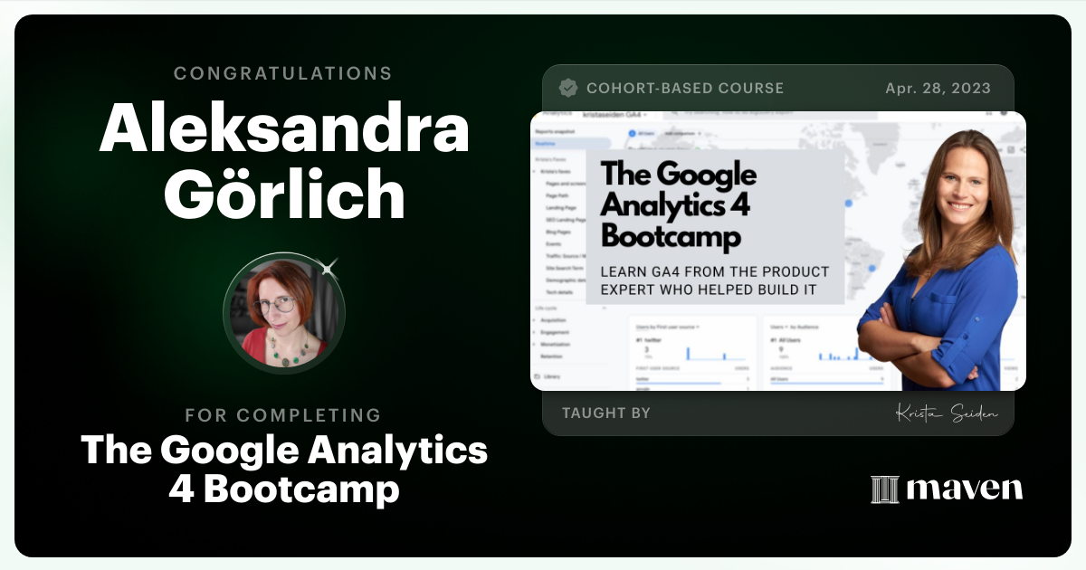 Certificate of Completion for The Google Analytics 4 Bootcamp
